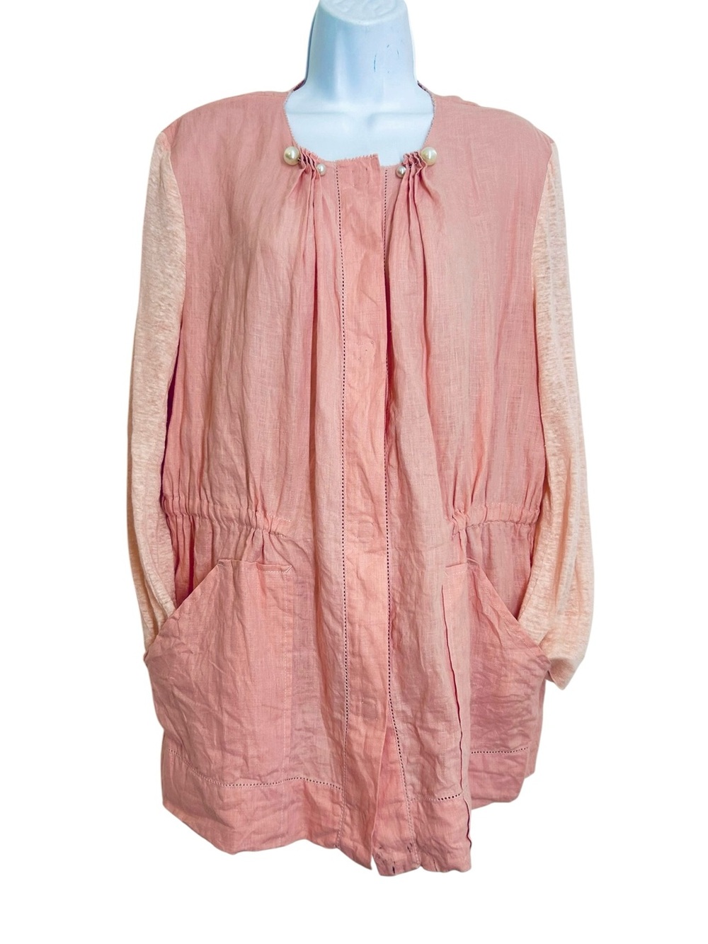 ESCADA Sport 100% Linen Relaxed Lightweight Jacket 42 us 12 Pintuck Pearl Collar